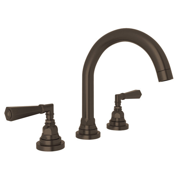 Three-piece widespread bathroom faucet in dark bronze with curved C-spout and lever handles.