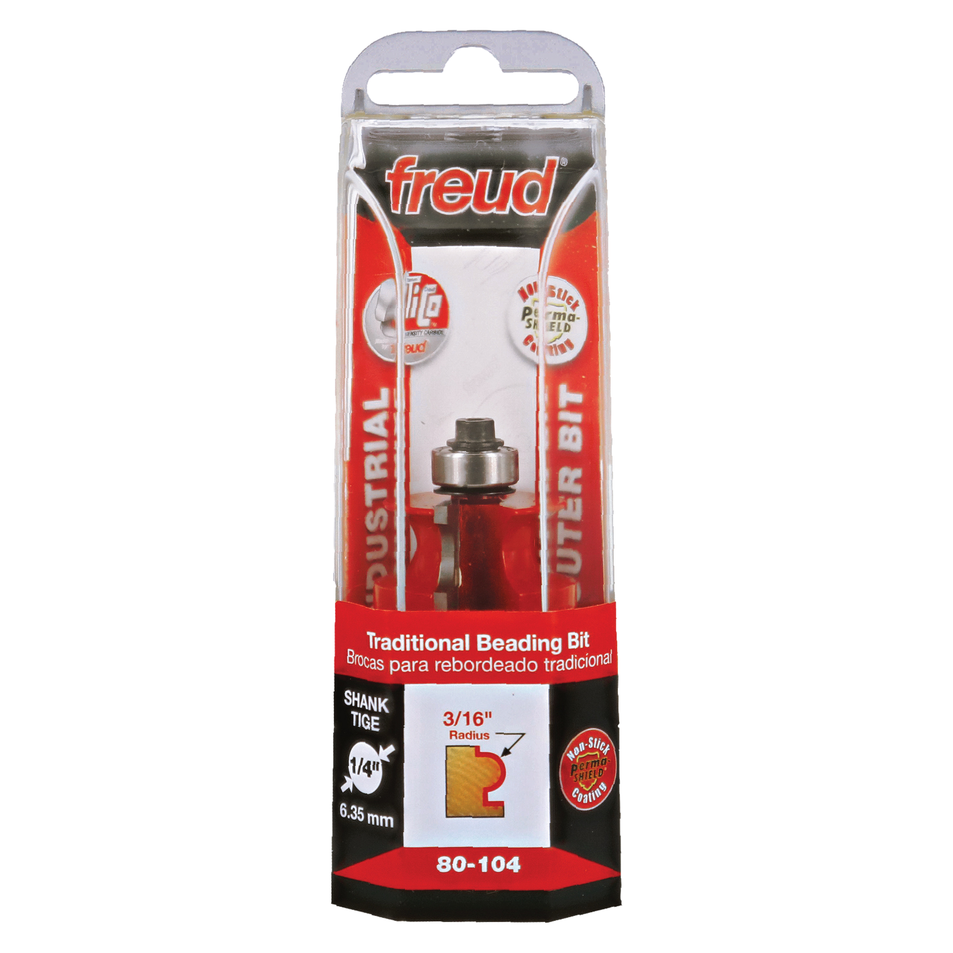 Freud 80-104 traditional beading bit with 3/16" radius in red and silver packaging showing shank size and specifications.