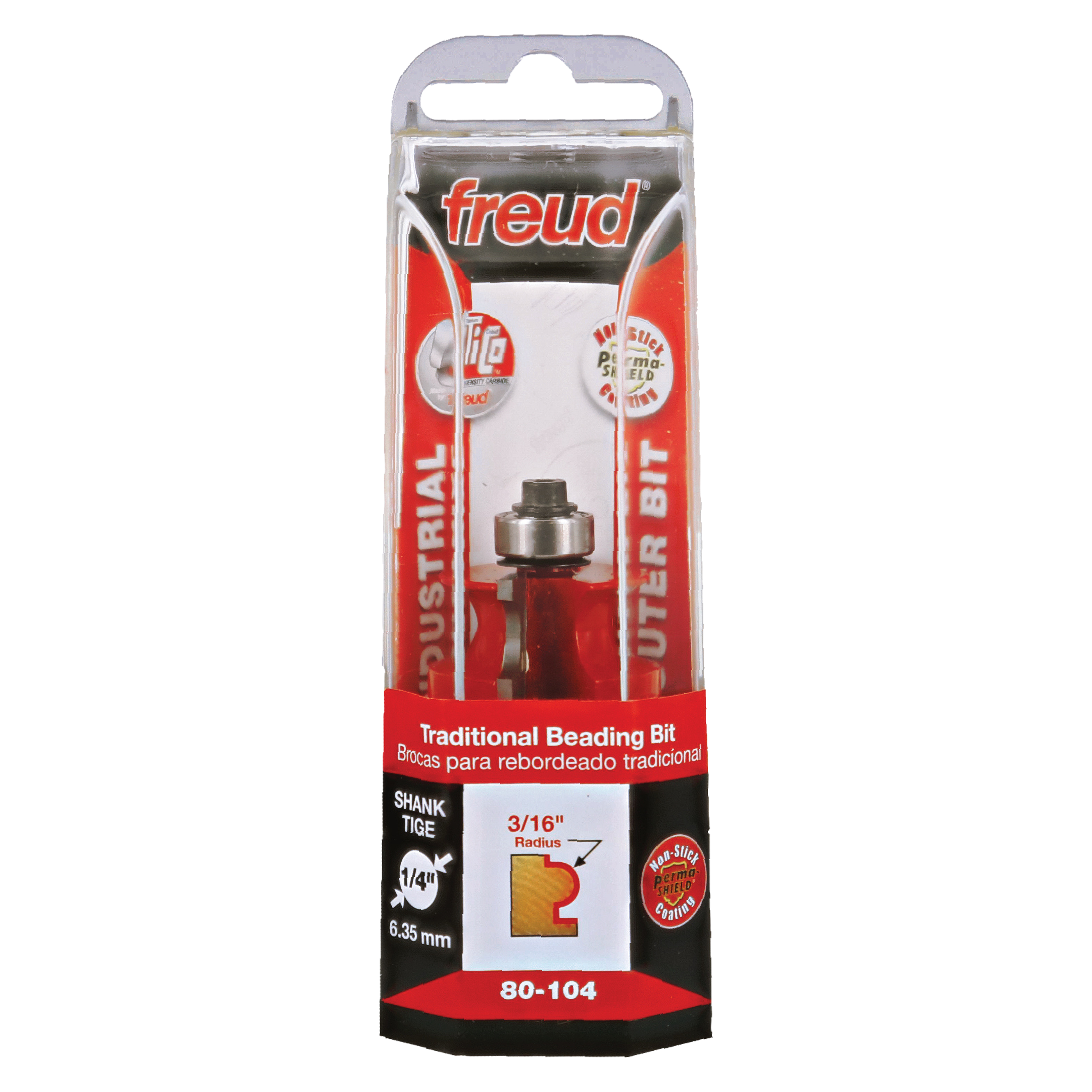 Freud 80-104 traditional beading bit with 3/16" radius in red and silver packaging showing shank size and specifications.