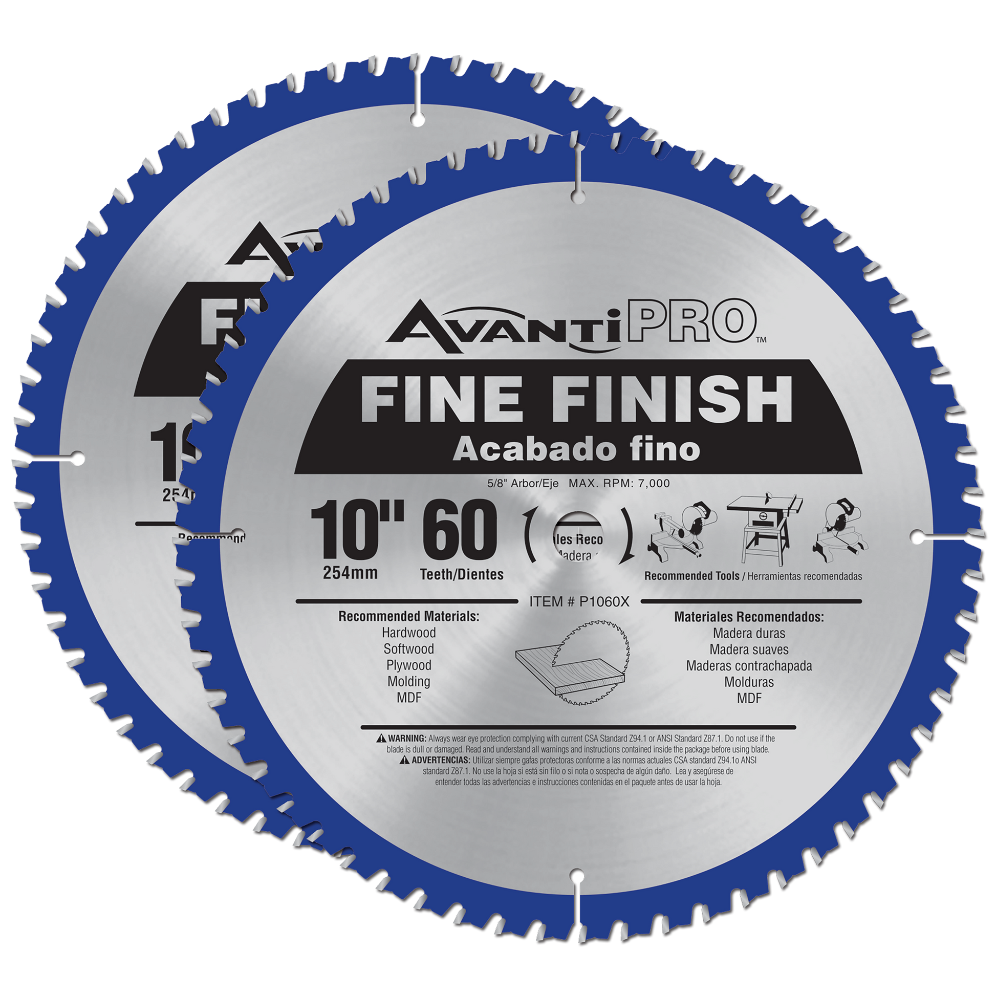 Two 10-inch circular saw blades with 60 teeth, blue rim, silver center, labeled AvantiPro Fine Finish.