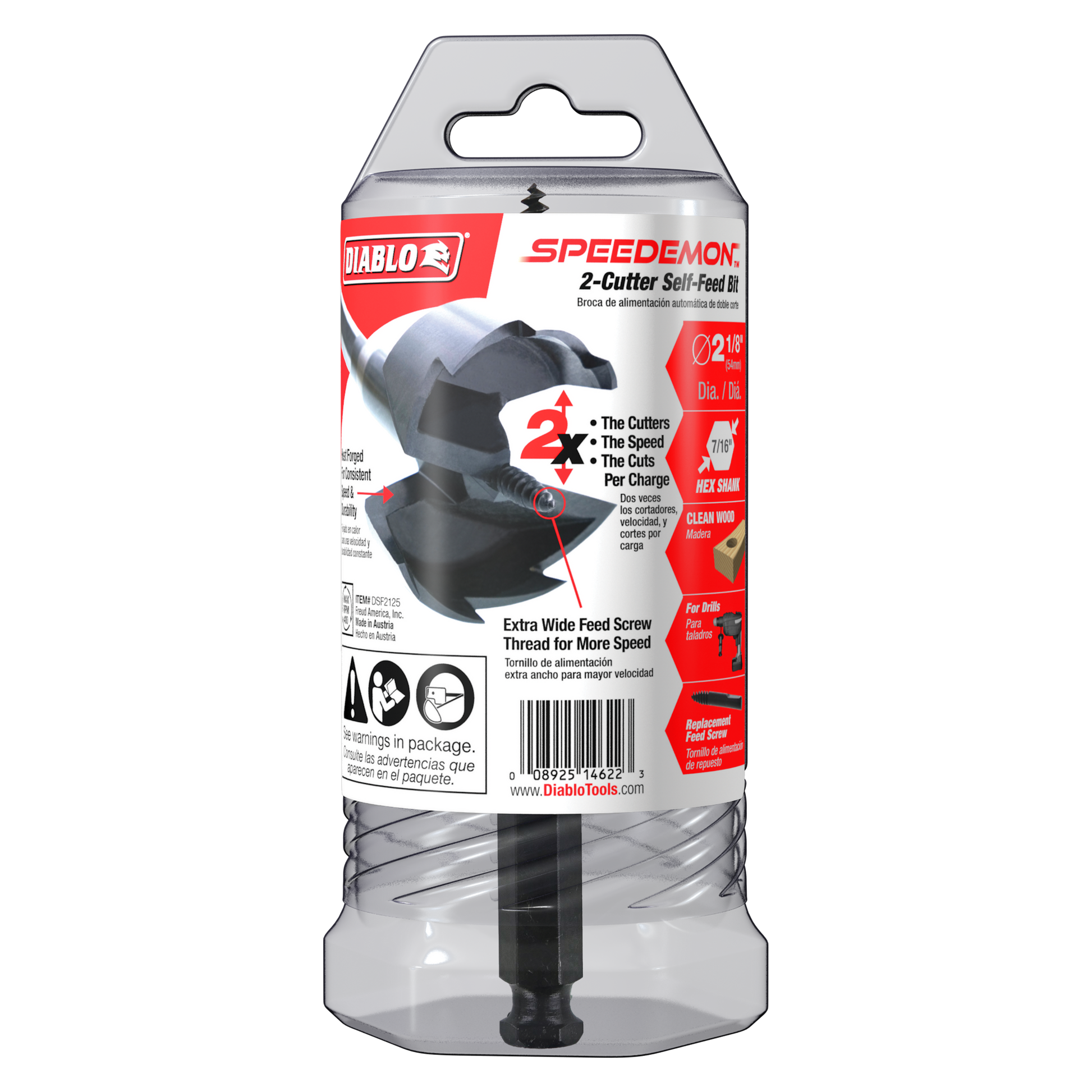 Diablo SPEEDemon 2-1/8 inch self-feed drill bit with two black cutters and wide feed screw, shown in clear plastic packaging.