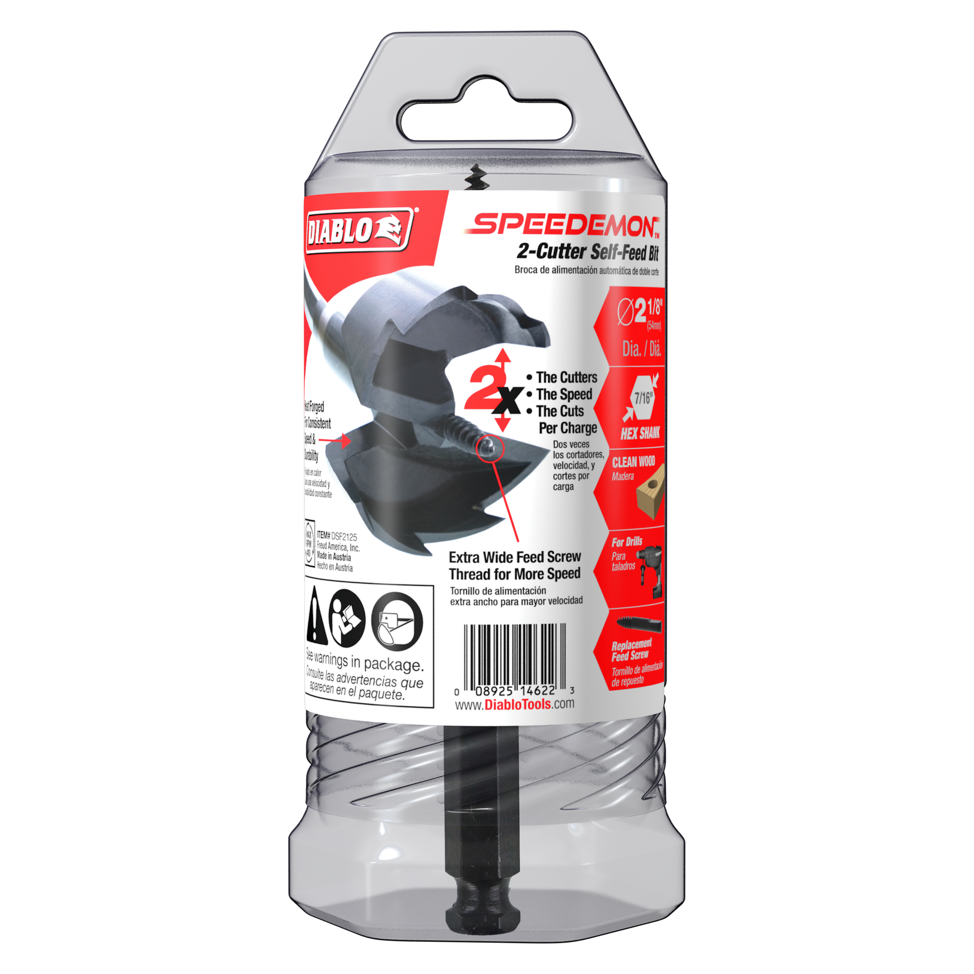 Diablo SPEEDemon 2-1/8 inch self-feed drill bit with two black cutters and wide feed screw, shown in clear plastic packaging.