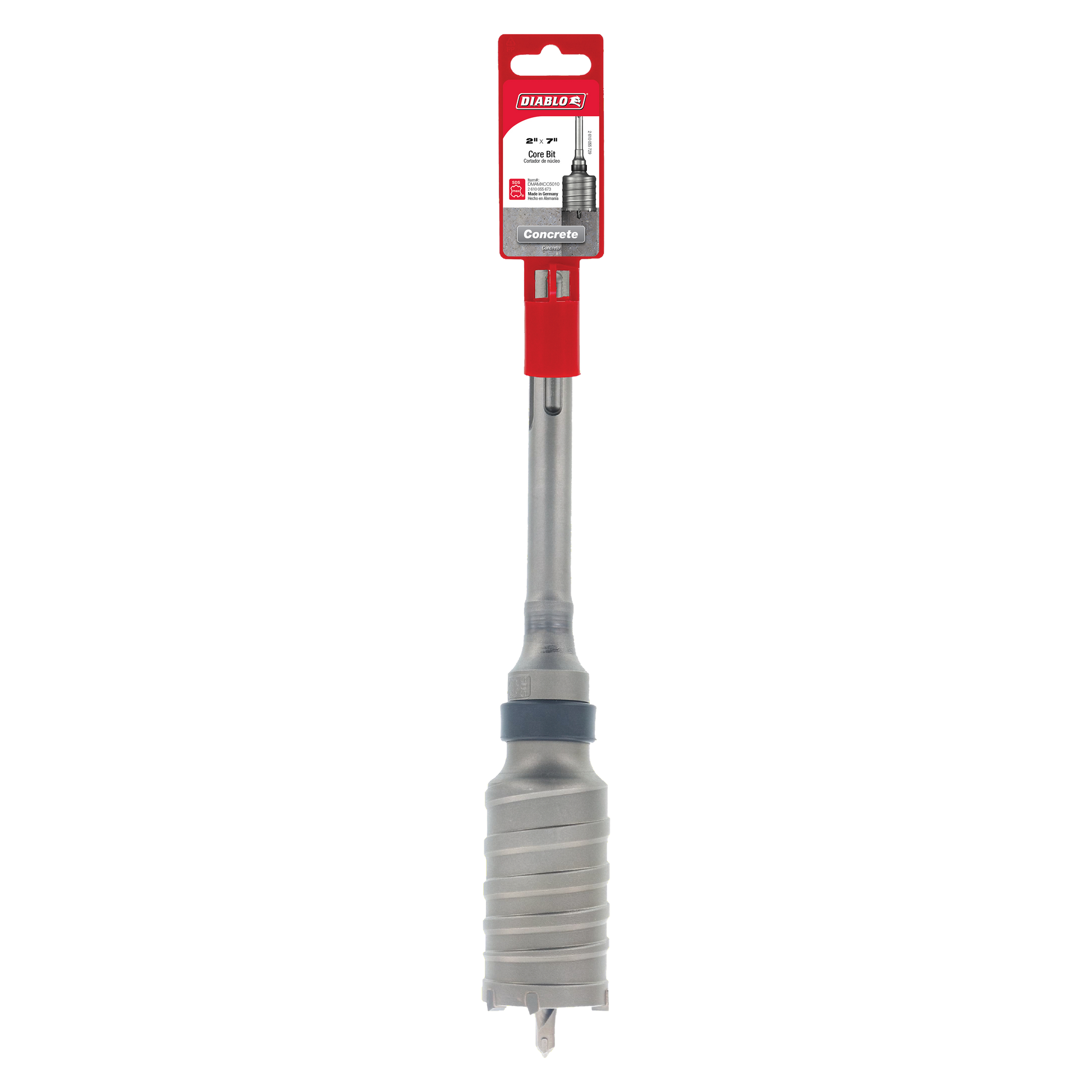Diablo carbide-tipped SDS-Max core bit with red packaging handle and metal shaft, designed for concrete drilling.