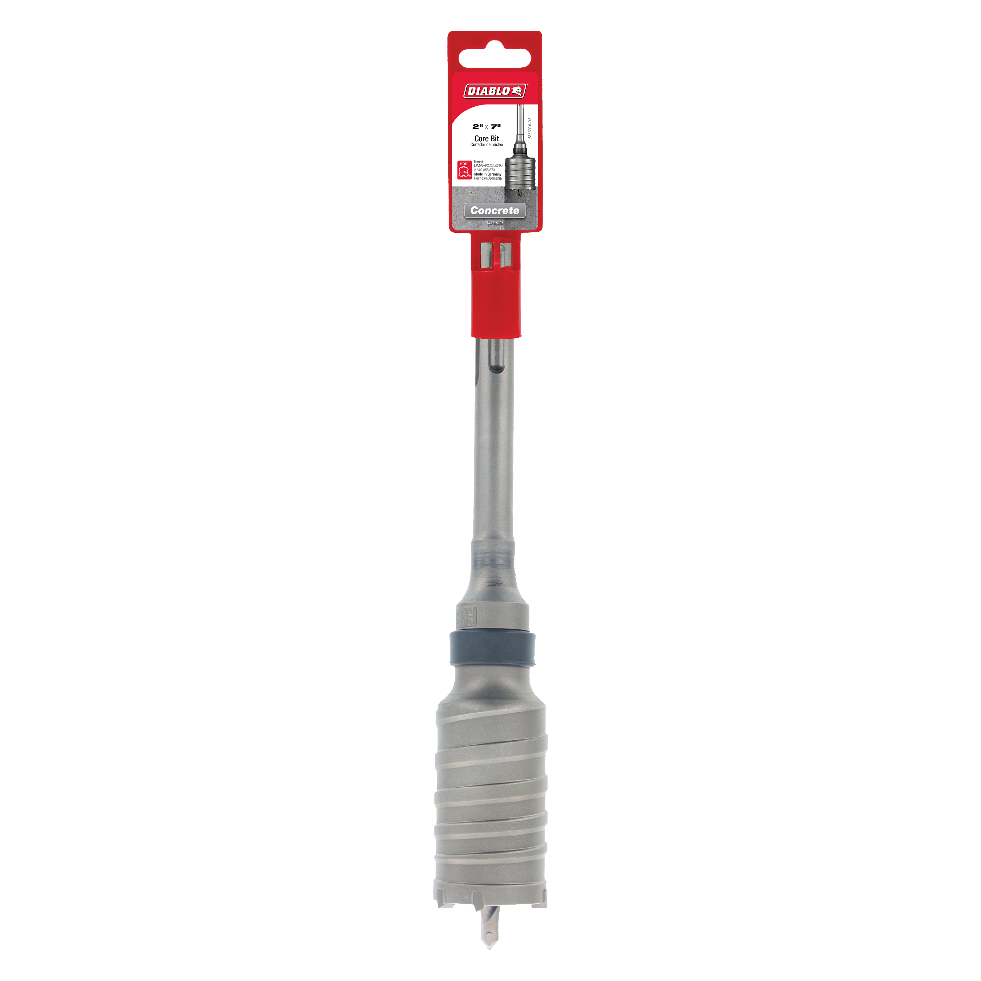Diablo carbide-tipped SDS-Max core bit with red packaging handle and metal shaft, designed for concrete drilling.