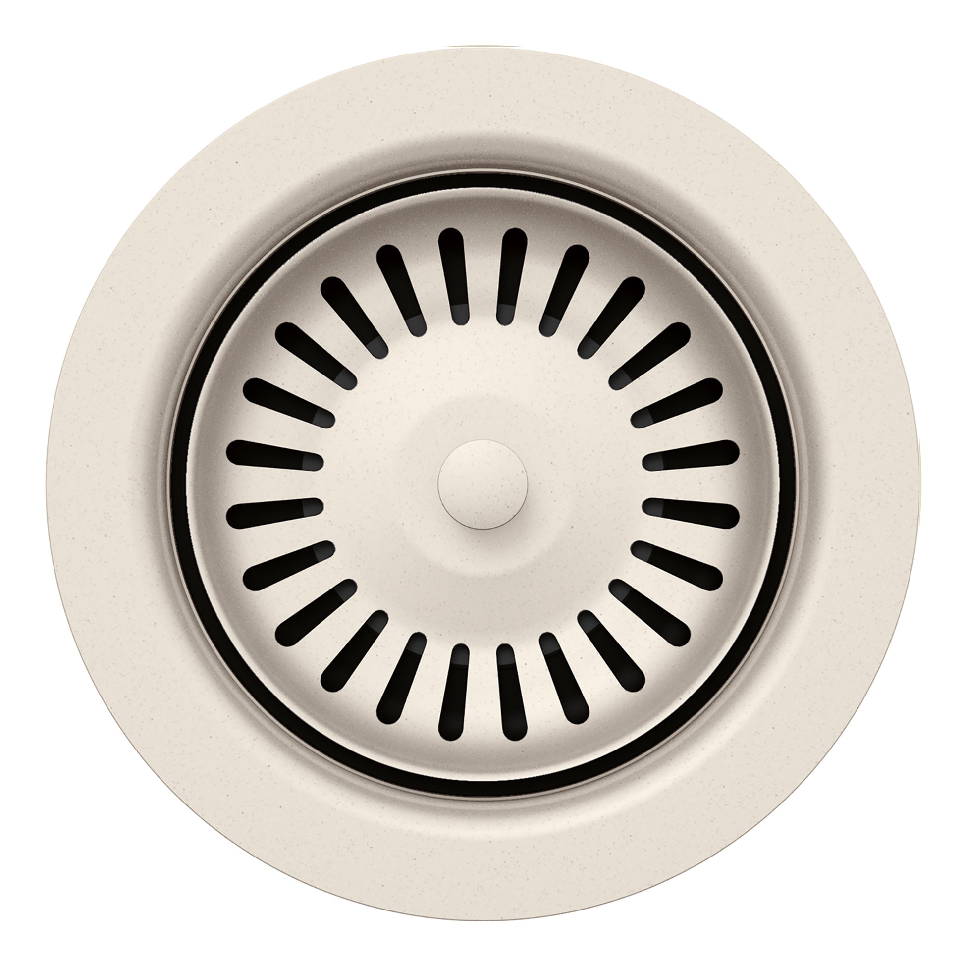 Soft white metal basket strainer with black radial slots and center post, viewed from above.