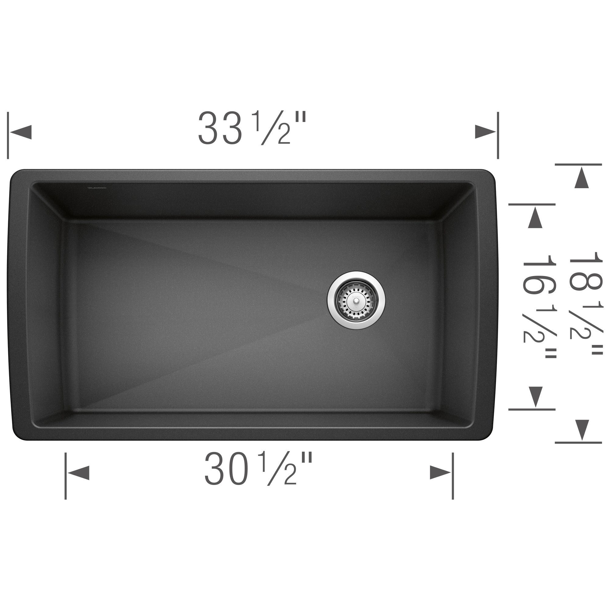Anthracite single bowl undermount sink with drain, 33½" wide by 30½" deep.