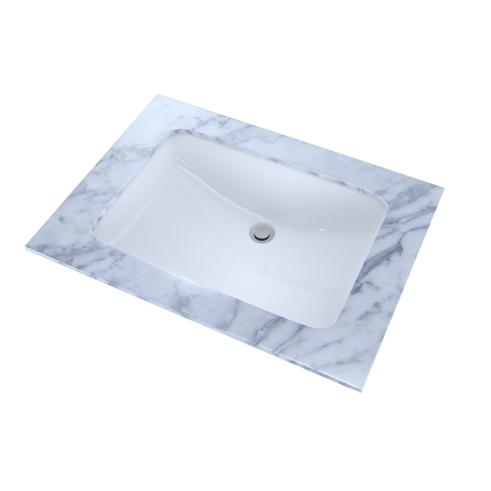 White rectangular undermount bathroom sink with single faucet hole, set in marble-patterned countertop.