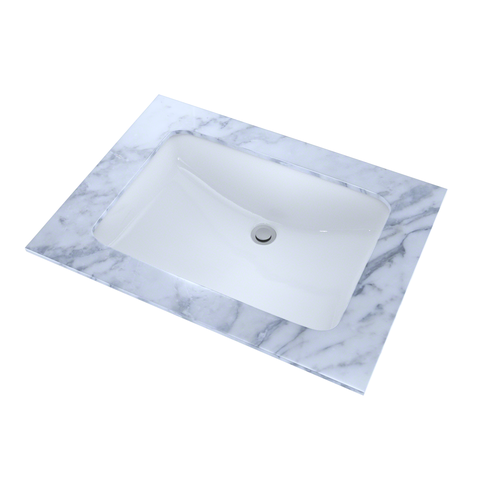 White rectangular undermount bathroom sink with single faucet hole, set in marble-patterned countertop.