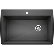 Anthracite single bowl drop-in kitchen sink with rounded corners, drain, and faucet hole.