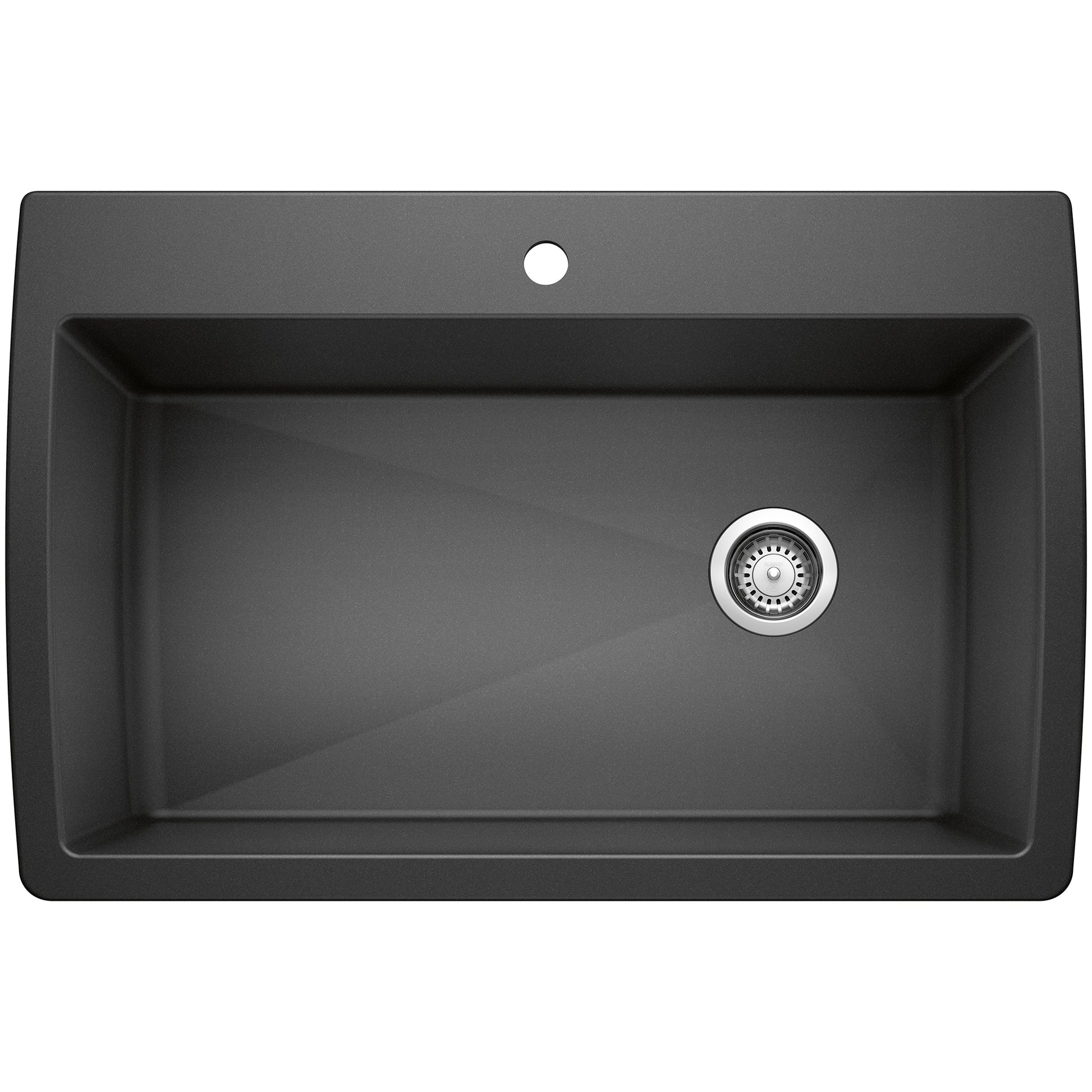 Anthracite single bowl drop-in kitchen sink with rounded corners, drain, and faucet hole.
