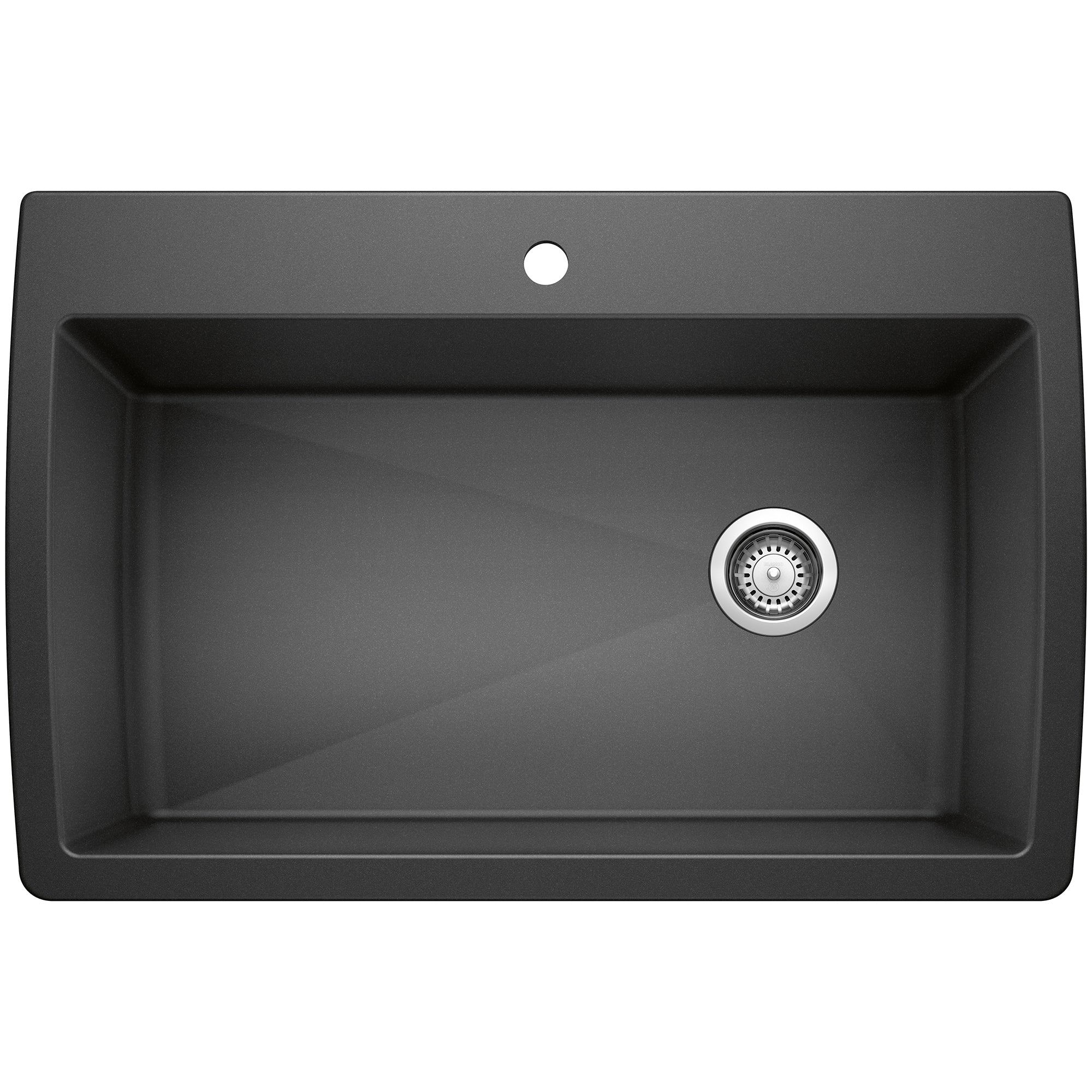 Anthracite single bowl drop-in kitchen sink with rounded corners, drain, and faucet hole.