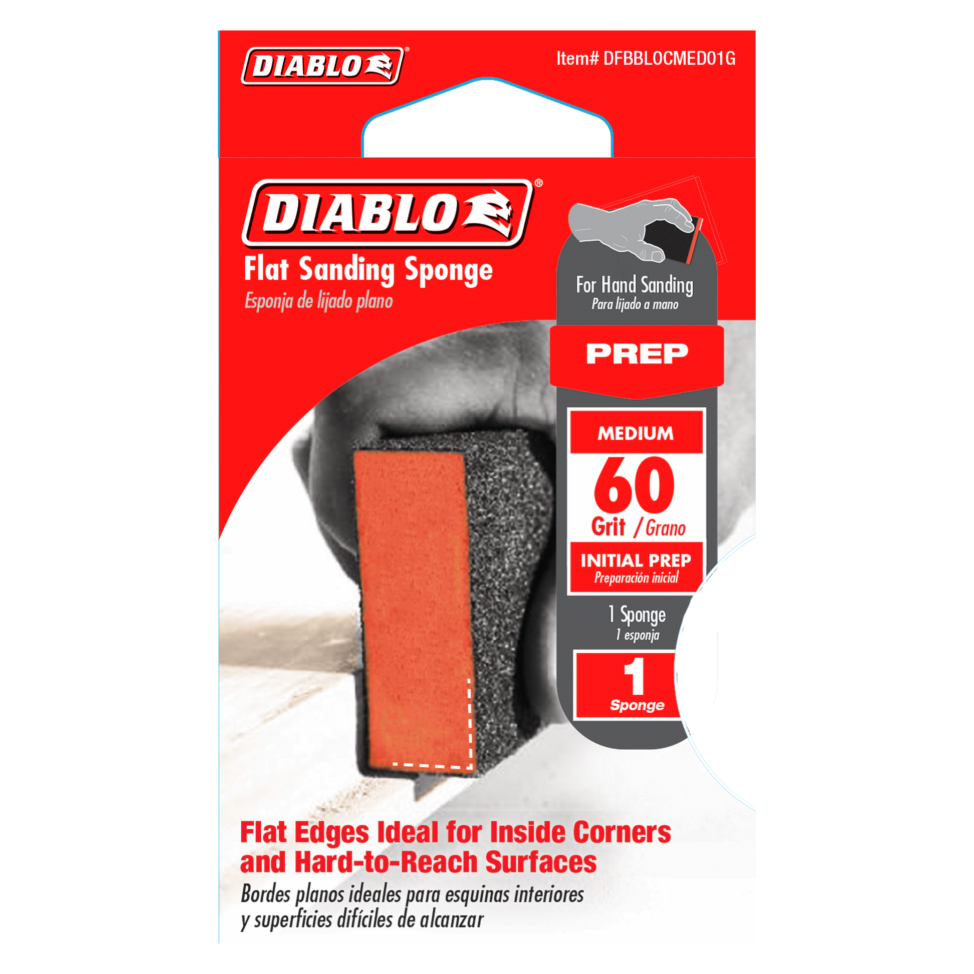 Rectangular sanding sponge with flat edges, orange and black textured surface, 60-grit medium grit rating.