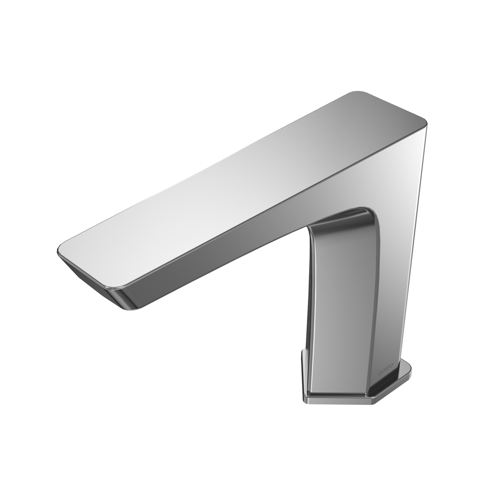 Polished chrome touchless bathroom faucet with sensor and extended spout in modern rectangular design.