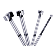 Four Forstner bits with silver cylindrical shanks and black cutting heads in graduated sizes.