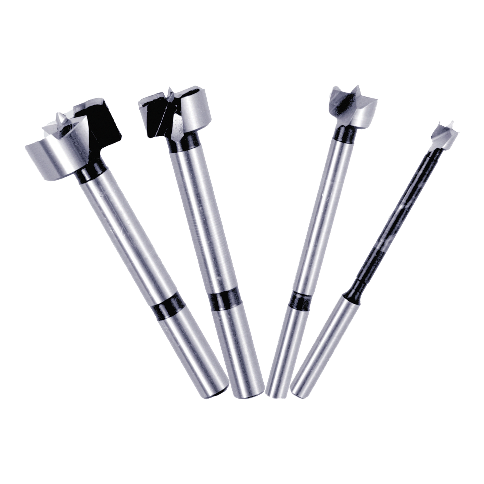 Four Forstner bits with silver cylindrical shanks and black cutting heads in graduated sizes.