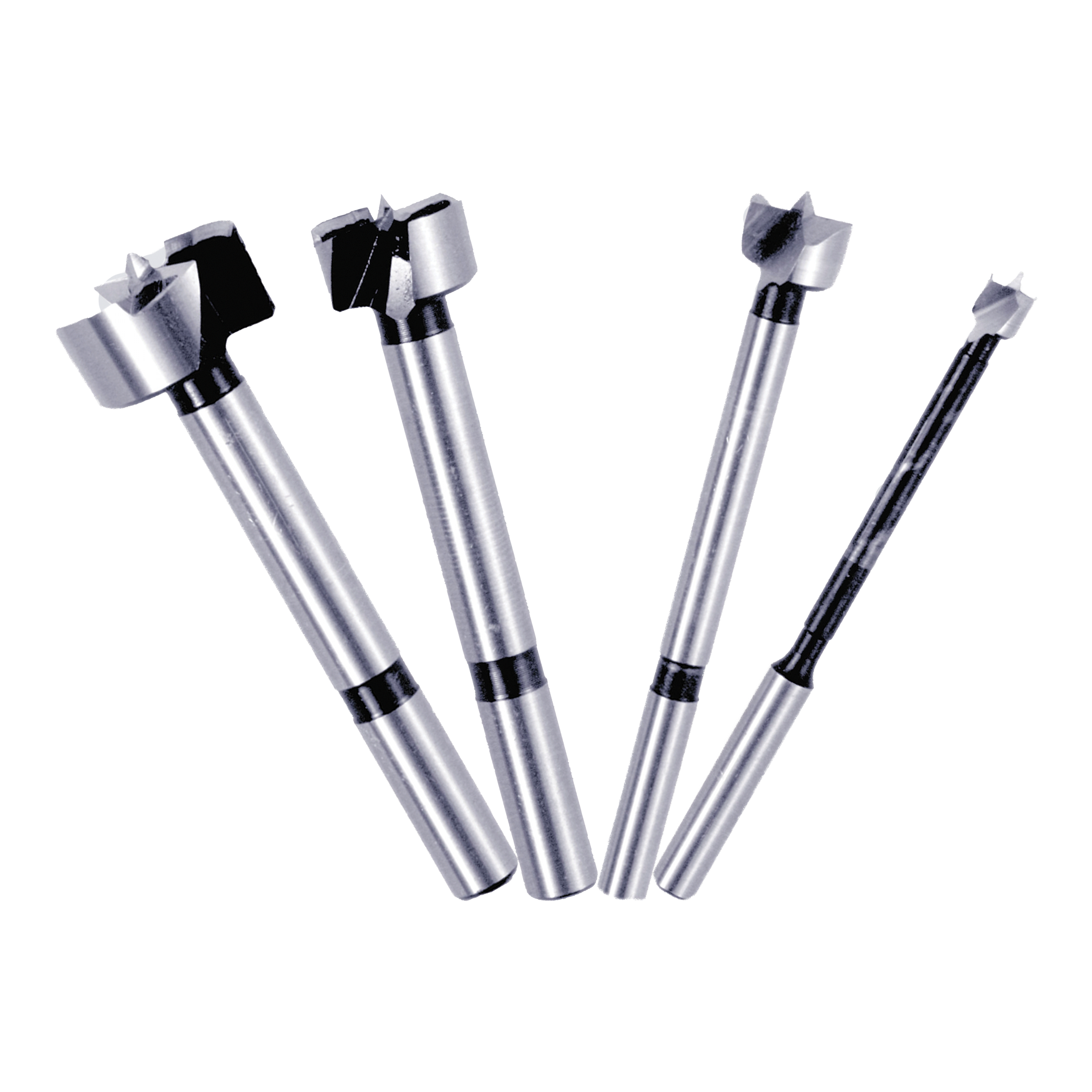 Four Forstner bits with silver cylindrical shanks and black cutting heads in graduated sizes.