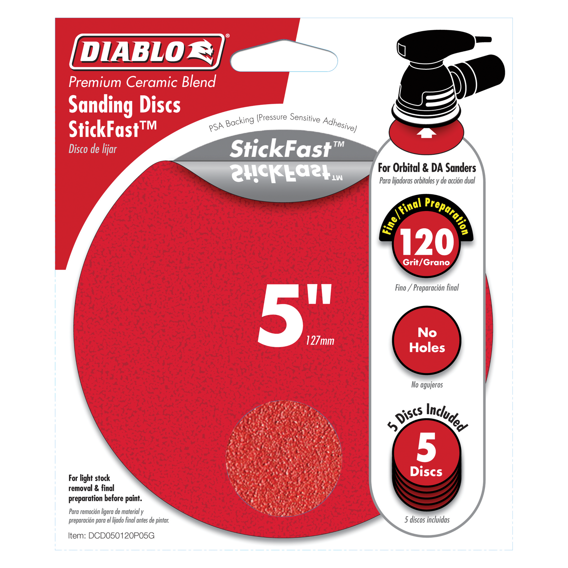 Five red 5-inch sanding discs with 120-grit surface and PSA backing on Diablo packaging.