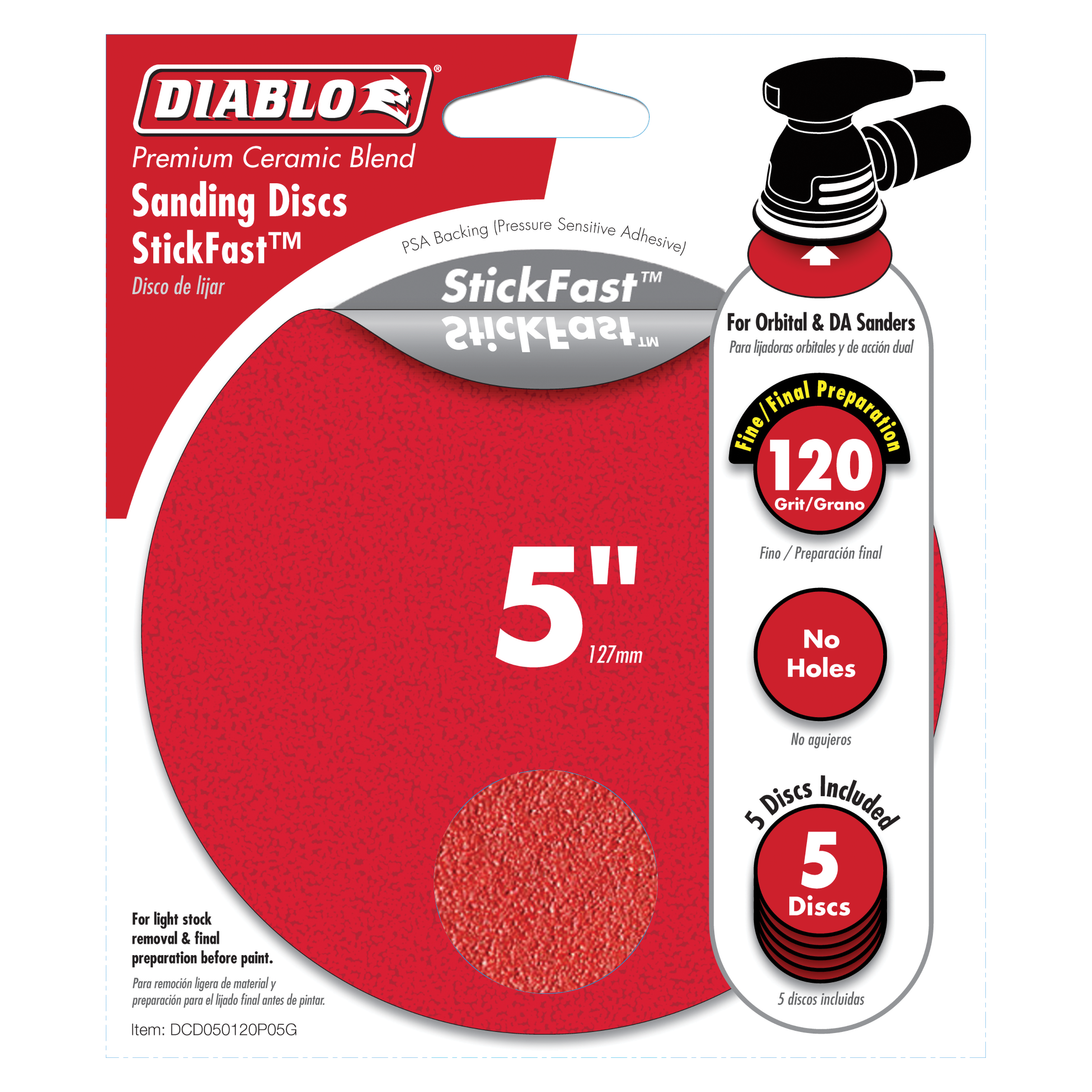Five red 5-inch sanding discs with 120-grit surface and PSA backing on Diablo packaging.
