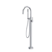Polished chrome floor-mount tub filler with curved spout, hand shower, and lever handle.