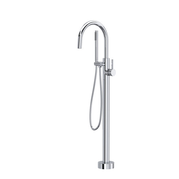 Polished chrome floor-mount tub filler with curved spout, hand shower, and lever handle.