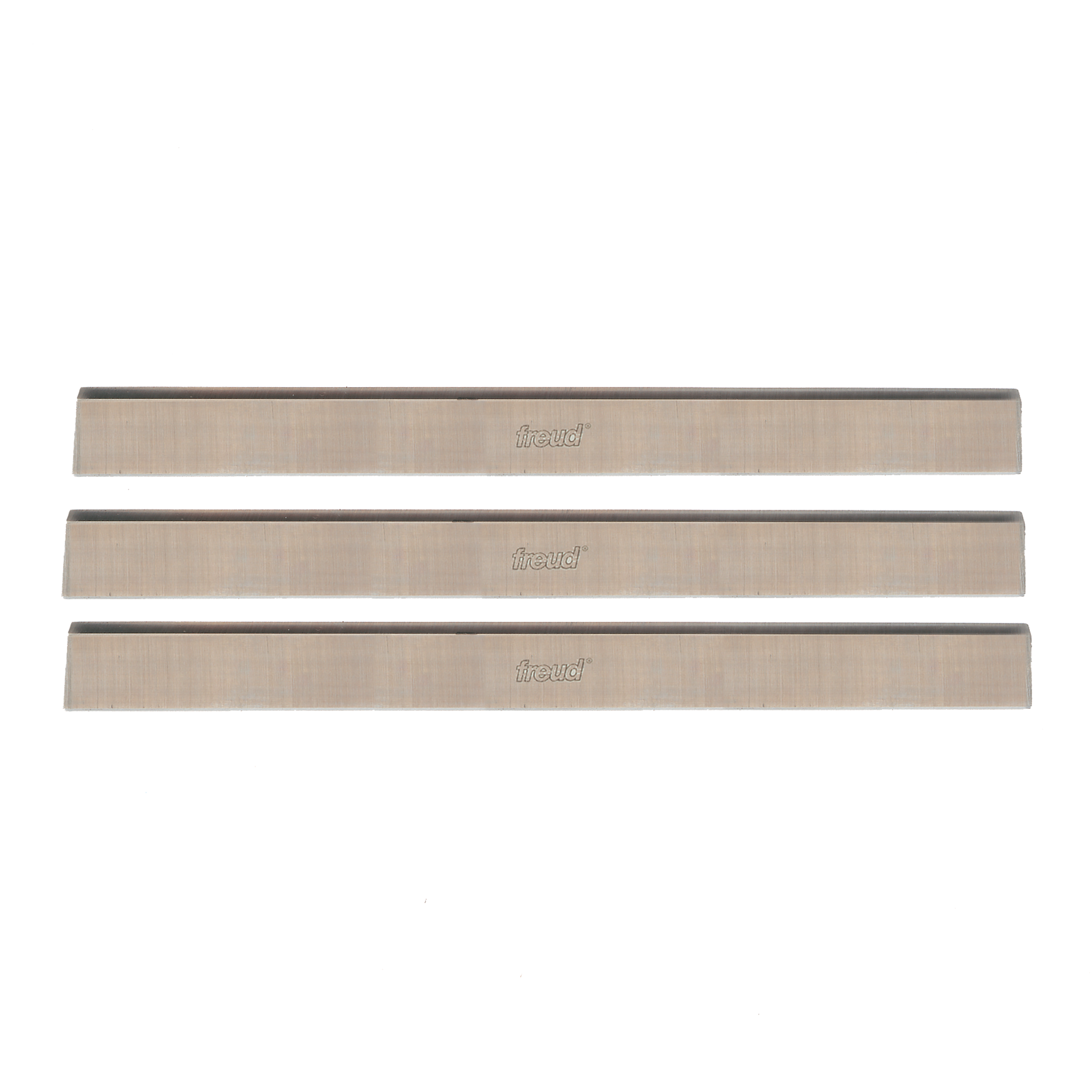 Three rectangular high speed steel planer and jointer knives with Freud branding, arranged horizontally.