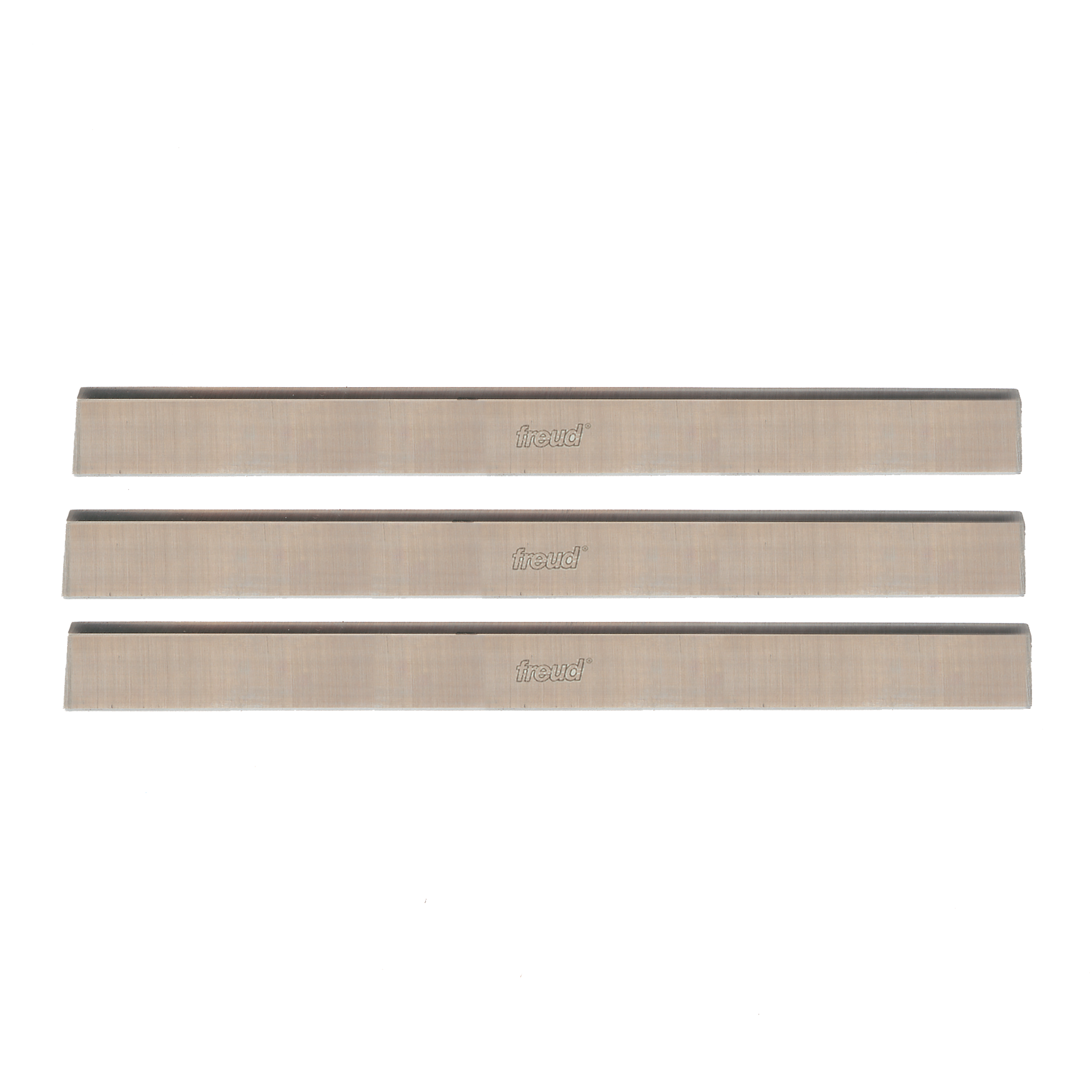 Three rectangular high speed steel planer and jointer knives with Freud branding, arranged horizontally.