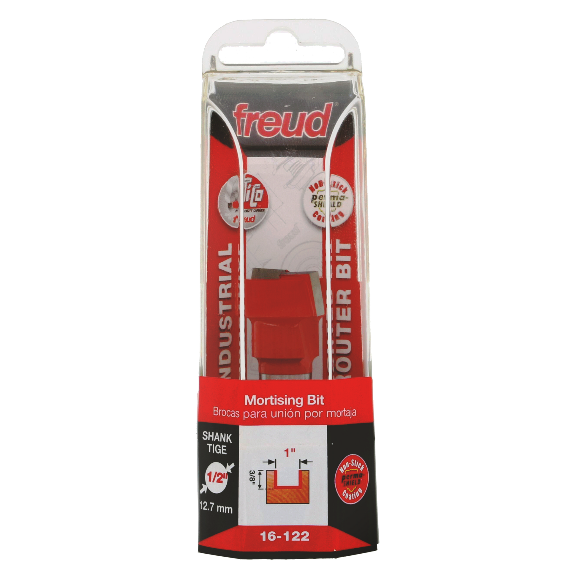 Freud 16-122 mortising bit with 1-inch diameter in red and black packaging with 1/2-inch shank.