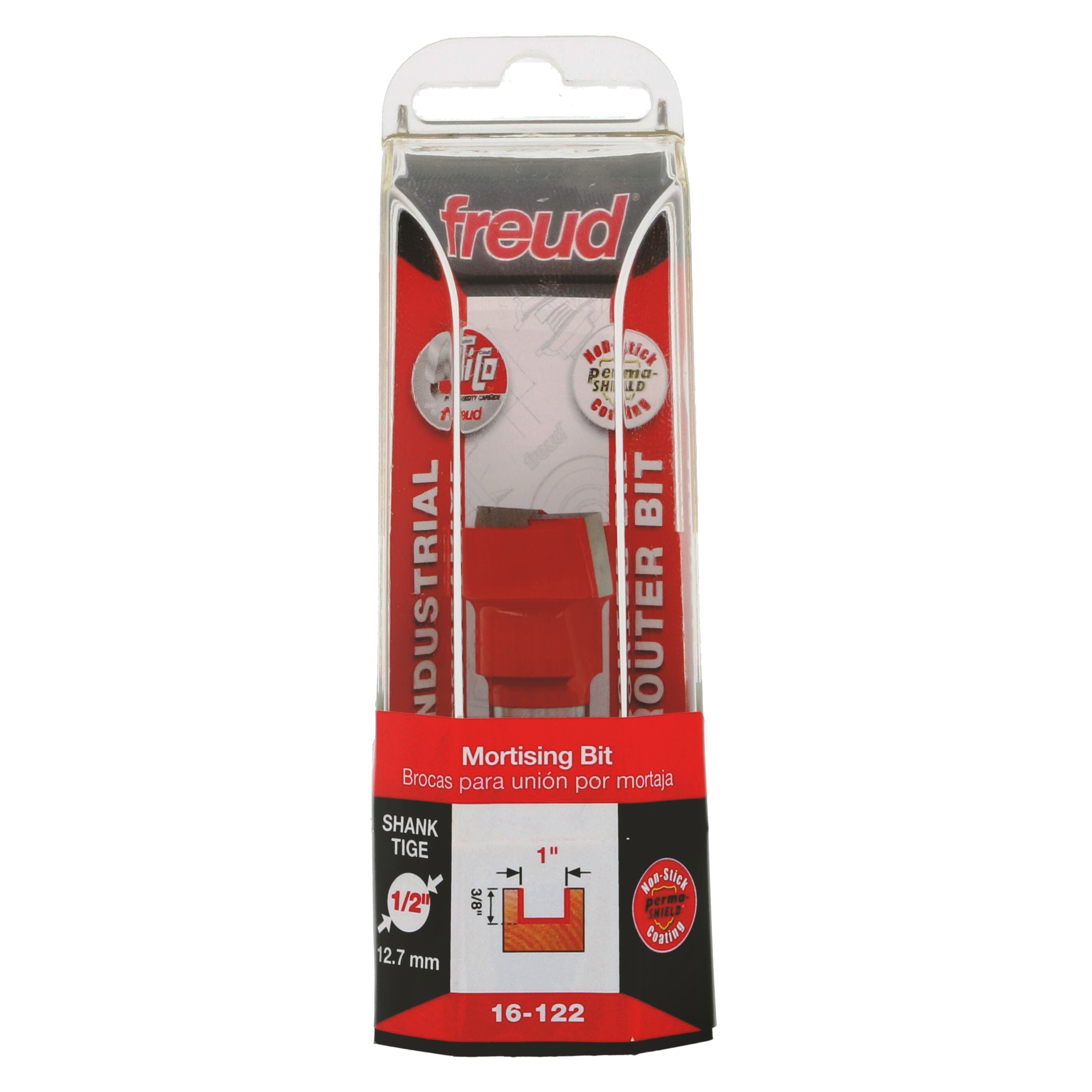Freud 16-122 mortising bit with 1-inch diameter in red and black packaging with 1/2-inch shank.