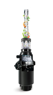 Black cylindrical garbage disposal unit with metal top housing and dual side ports, shown with water and food debris flowing 
