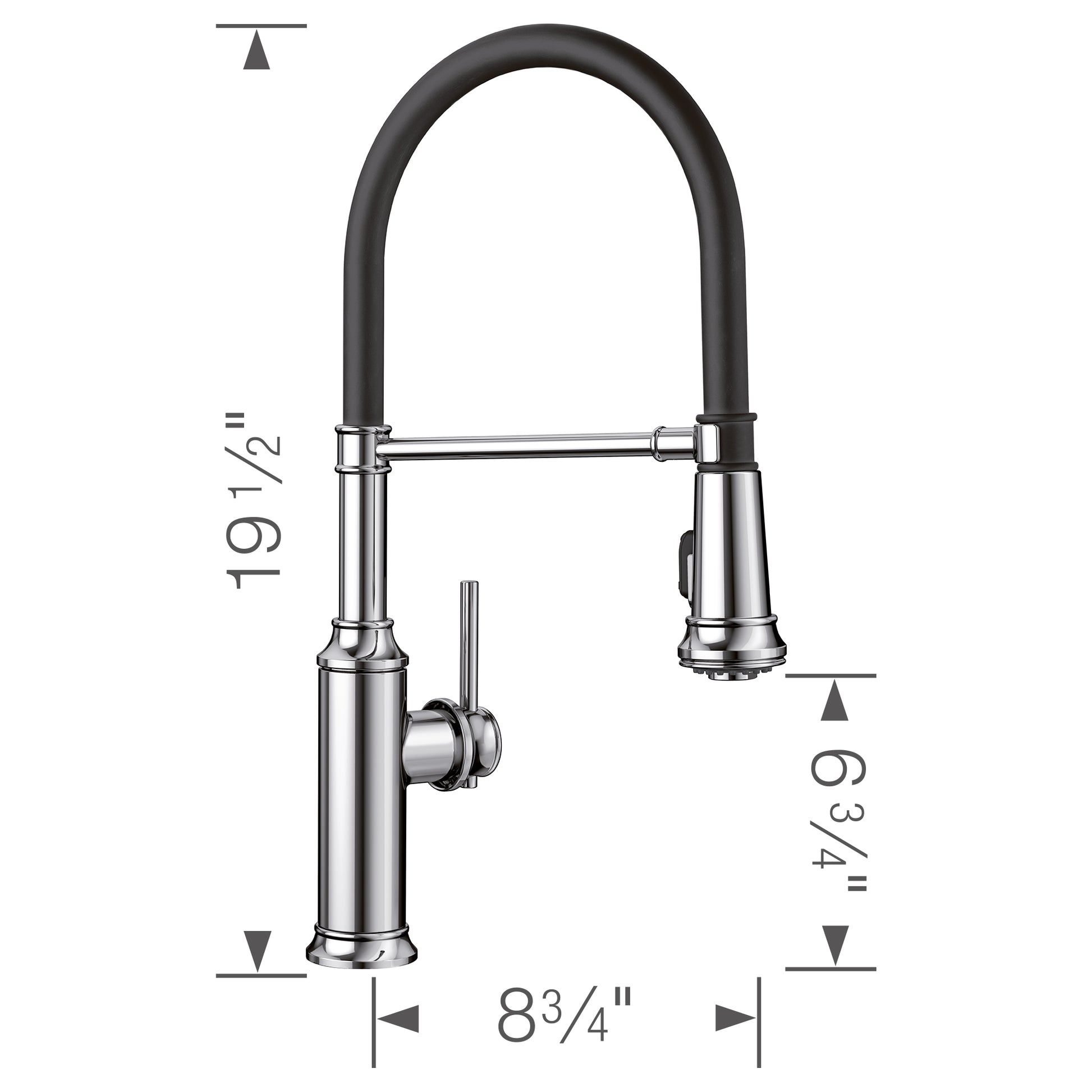 Chrome semi-pro kitchen faucet with black rubber hose, tall arched spout, and single lever control on left side.
