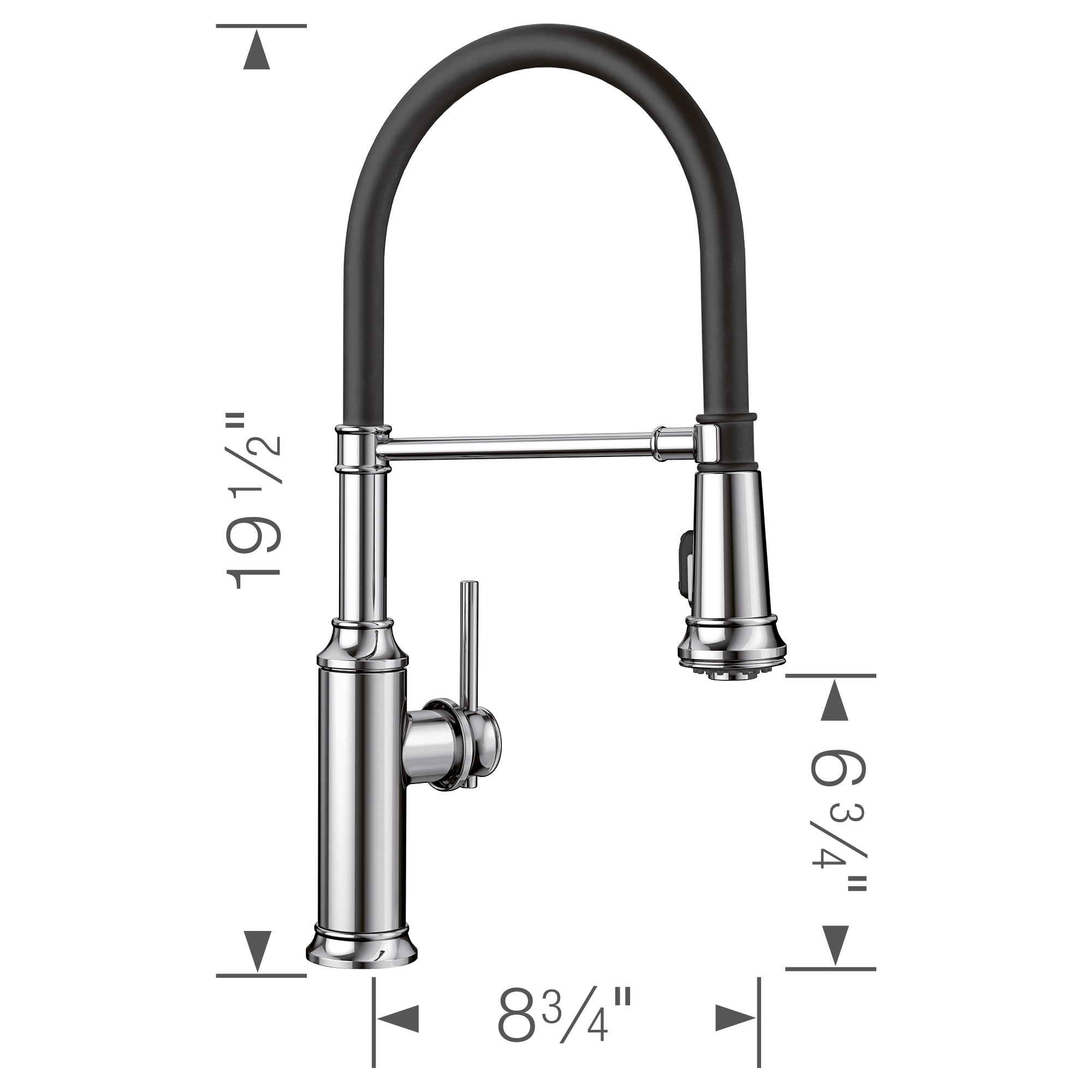 Chrome semi-pro kitchen faucet with black rubber hose, tall arched spout, and single lever control on left side.