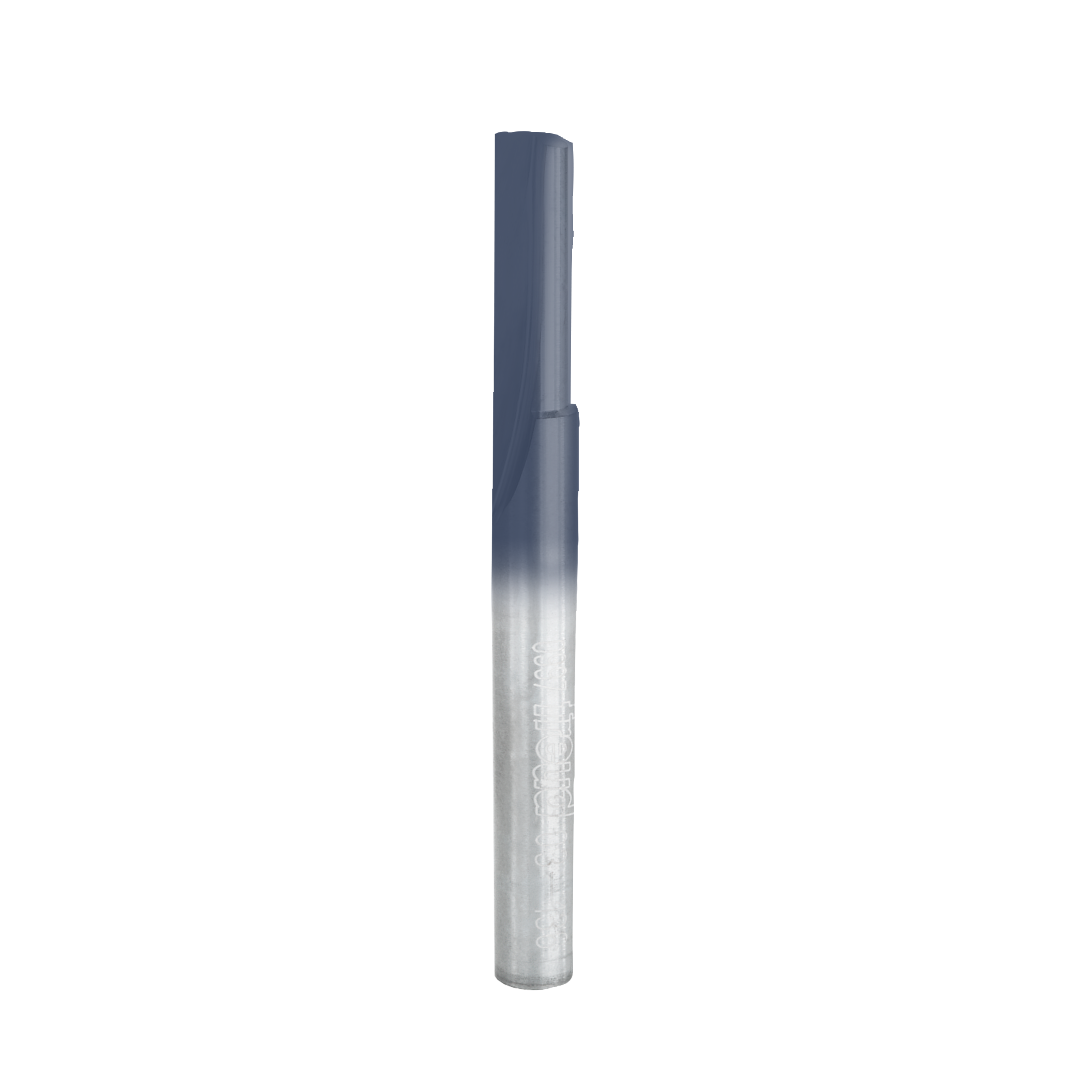Silver and dark gray cylindrical router bit with single cutting flute and shank for woodworking.