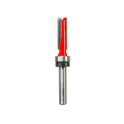 Red and gray flush trim router bit with top bearing and metal shaft on white background.