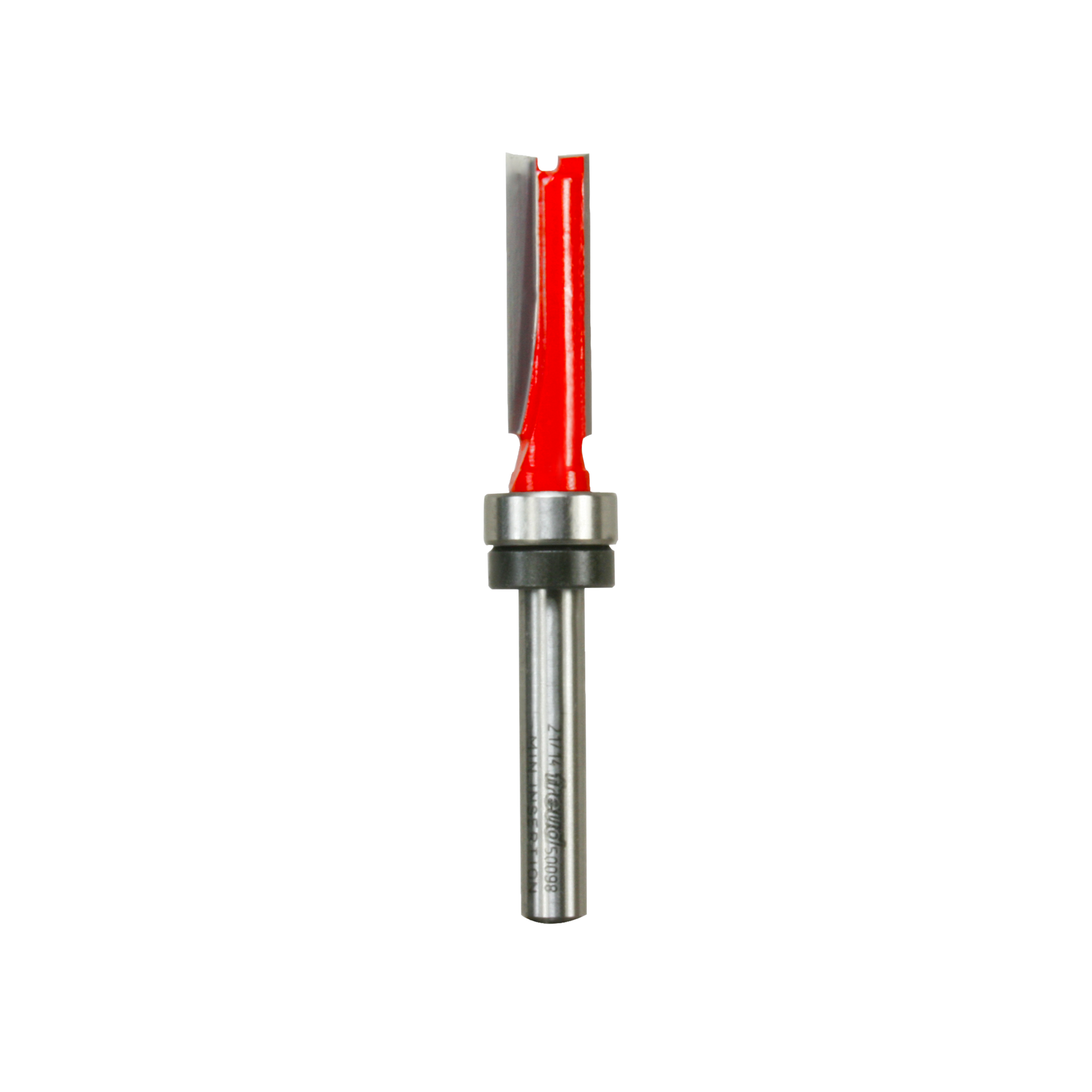 Red and gray flush trim router bit with top bearing and metal shaft on white background.