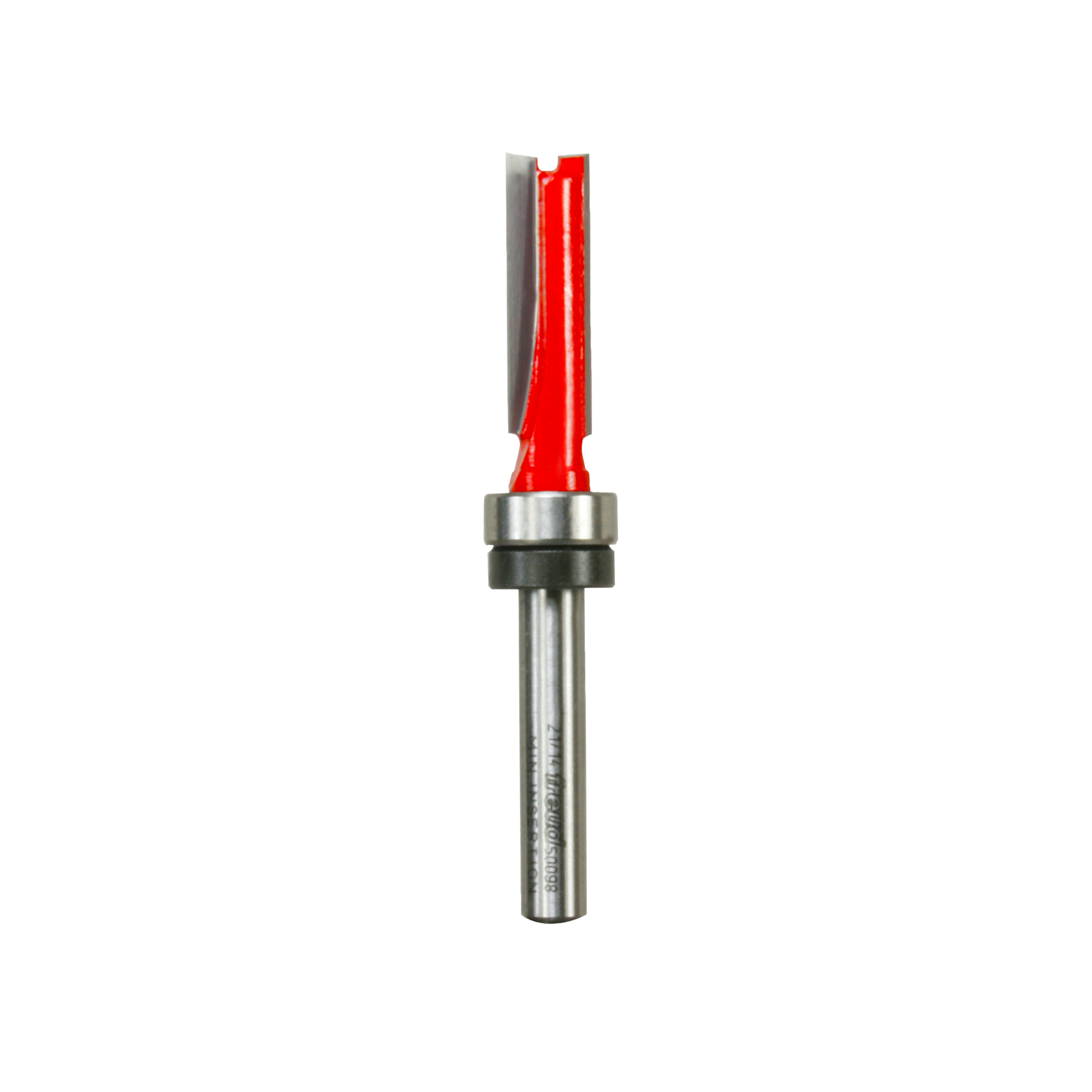 Red and gray flush trim router bit with top bearing and metal shaft on white background.