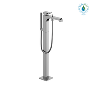 Polished chrome freestanding tub filler with single handle, curved spout, and attached handshower on hose.