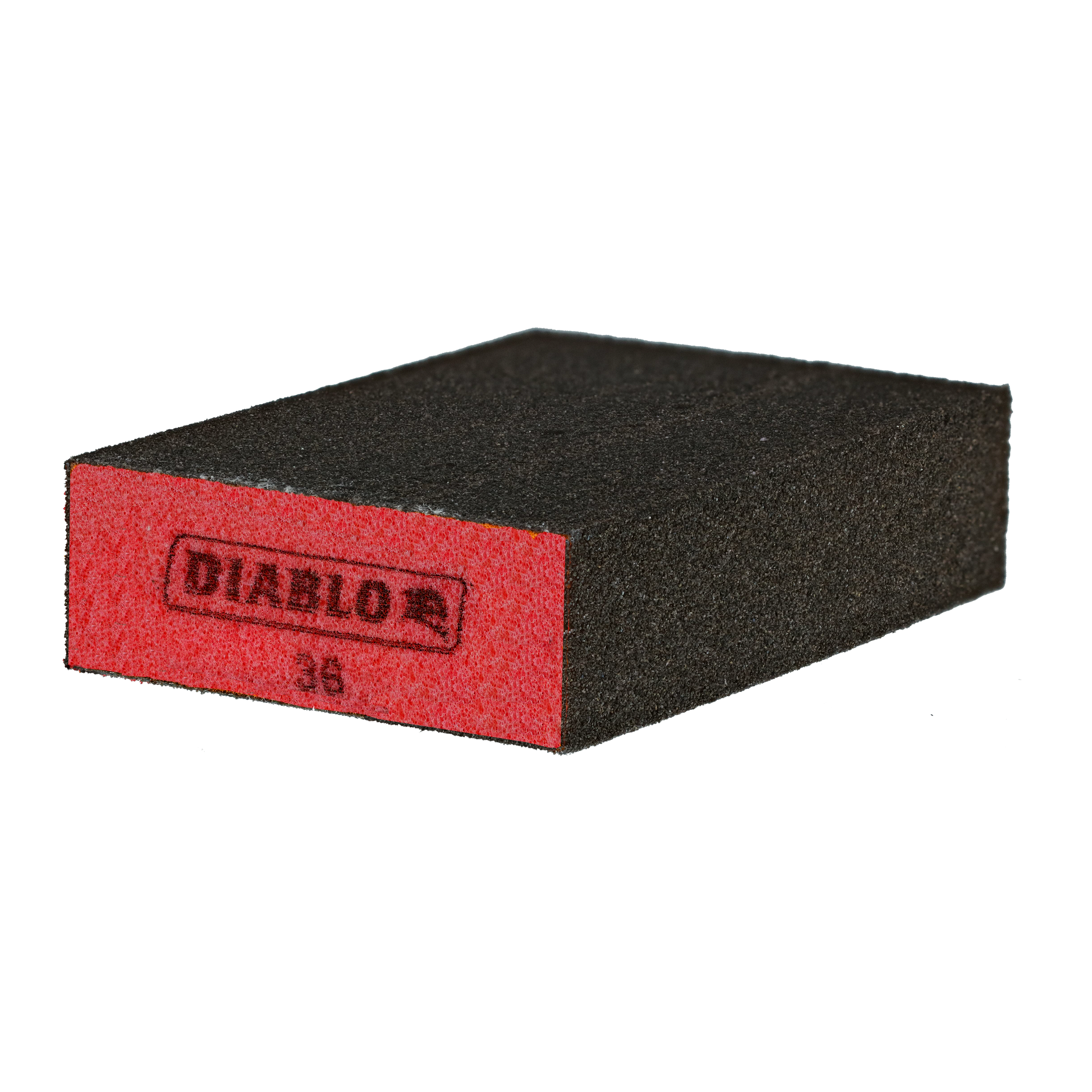Flat rectangular sanding sponge with black grit surface and red end labeled Diablo 36.