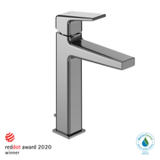 Polished chrome single-handle bathroom sink faucet with tall square base and rectangular spout.