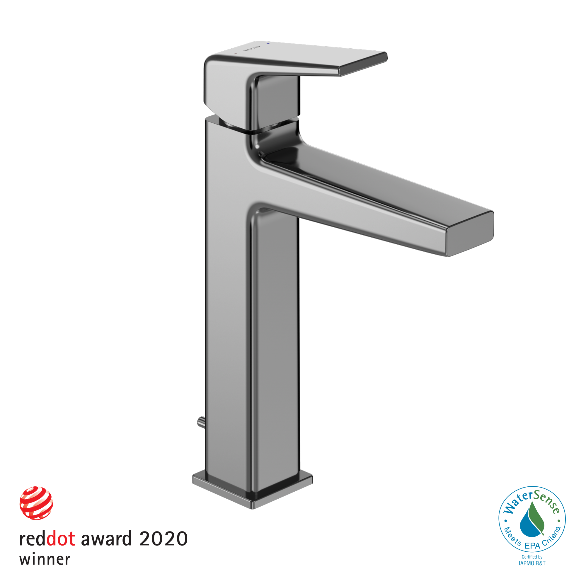 Polished chrome single-handle bathroom sink faucet with tall square base and rectangular spout.