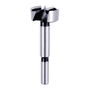 Silver and black Forstner bit with cylindrical shaft and wide circular cutting head with sharp edges.