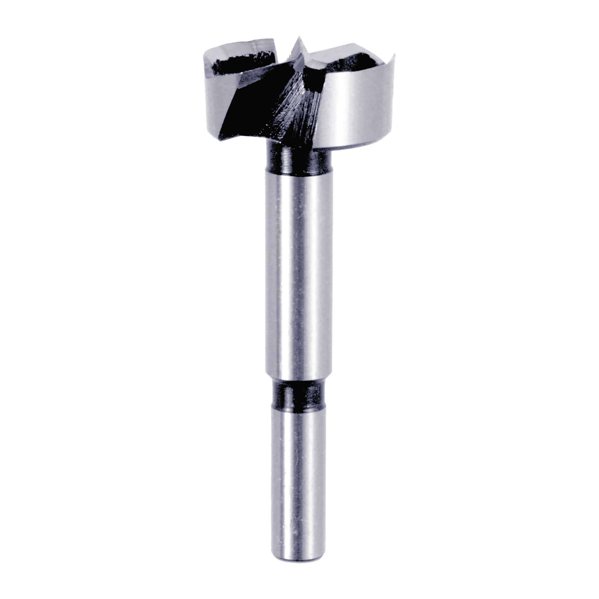 Silver and black Forstner bit with cylindrical shaft and wide circular cutting head with sharp edges.