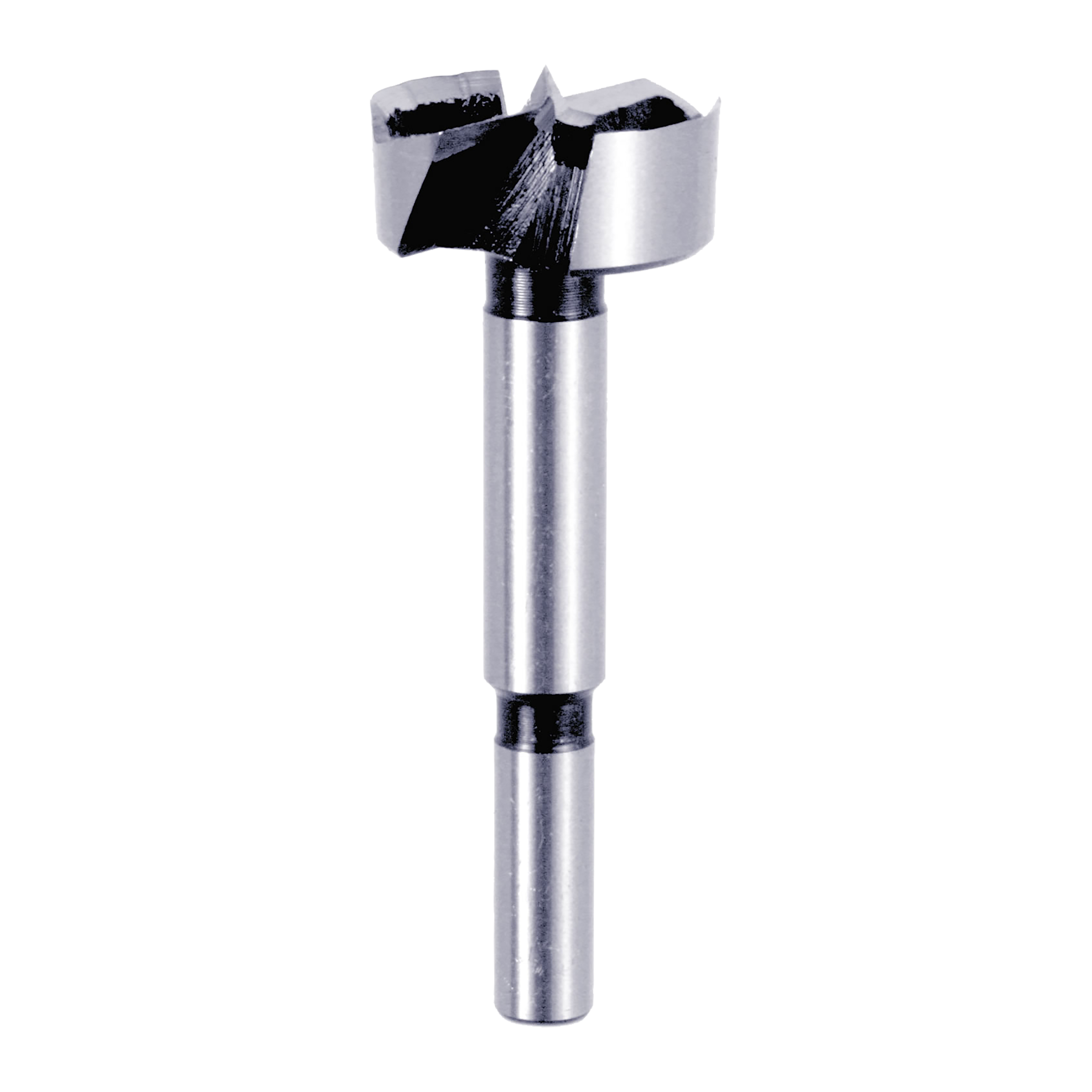 Silver and black Forstner bit with cylindrical shaft and wide circular cutting head with sharp edges.