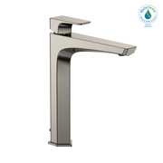 Polished nickel single-handle vessel bathroom faucet with tall spout and rectangular base.