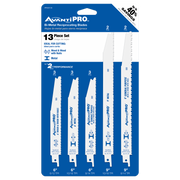 AvantiPro 13-piece bi-metal reciprocating saw blade set with blades for wood, nails, and metal cutting.