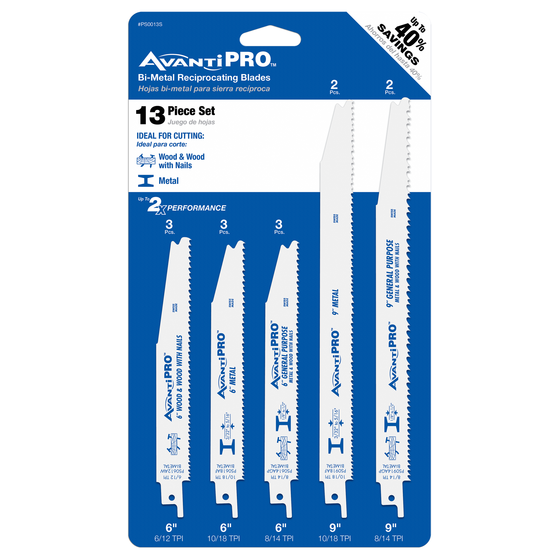 AvantiPro 13-piece bi-metal reciprocating saw blade set with blades for wood, nails, and metal cutting.