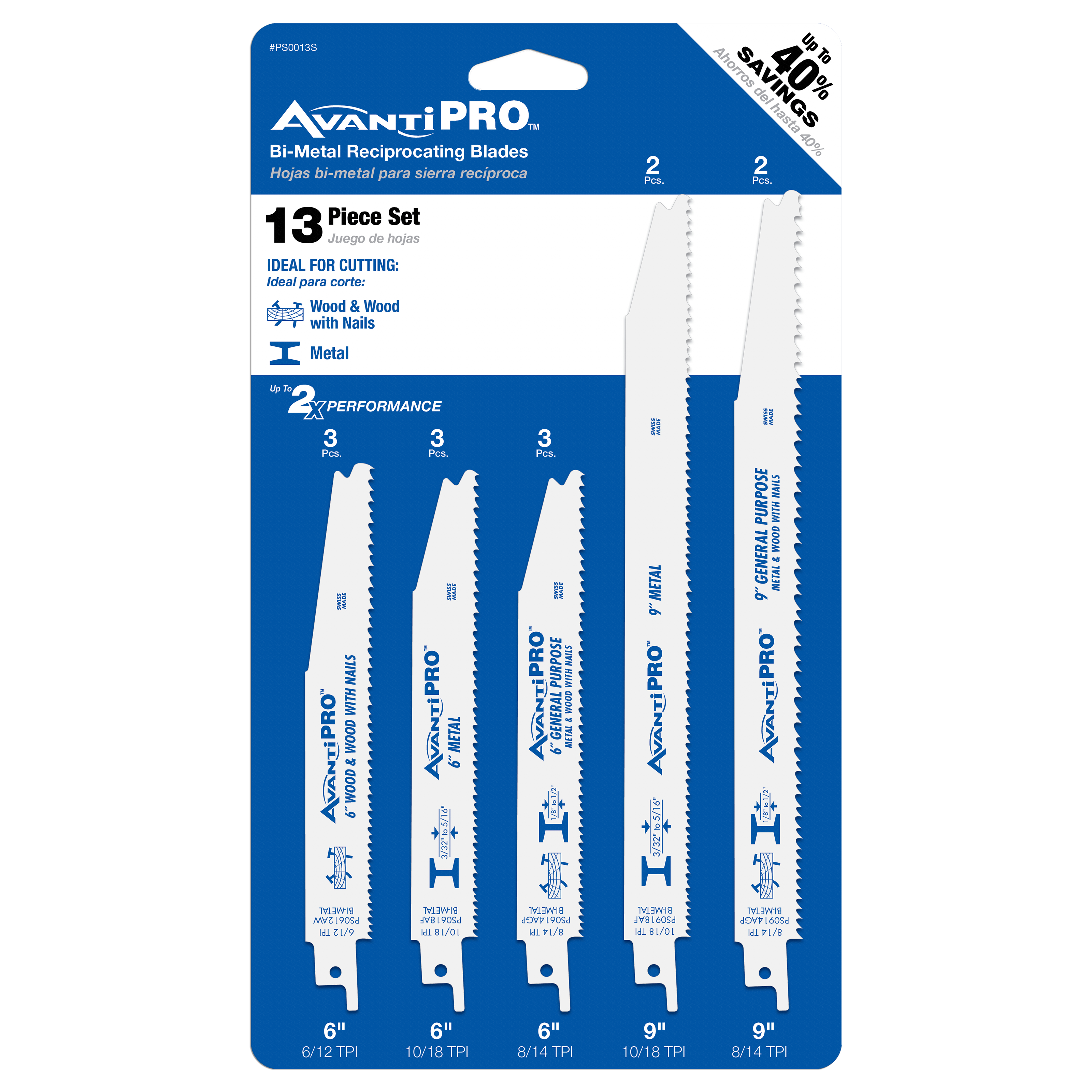 AvantiPro 13-piece bi-metal reciprocating saw blade set with blades for wood, nails, and metal cutting.