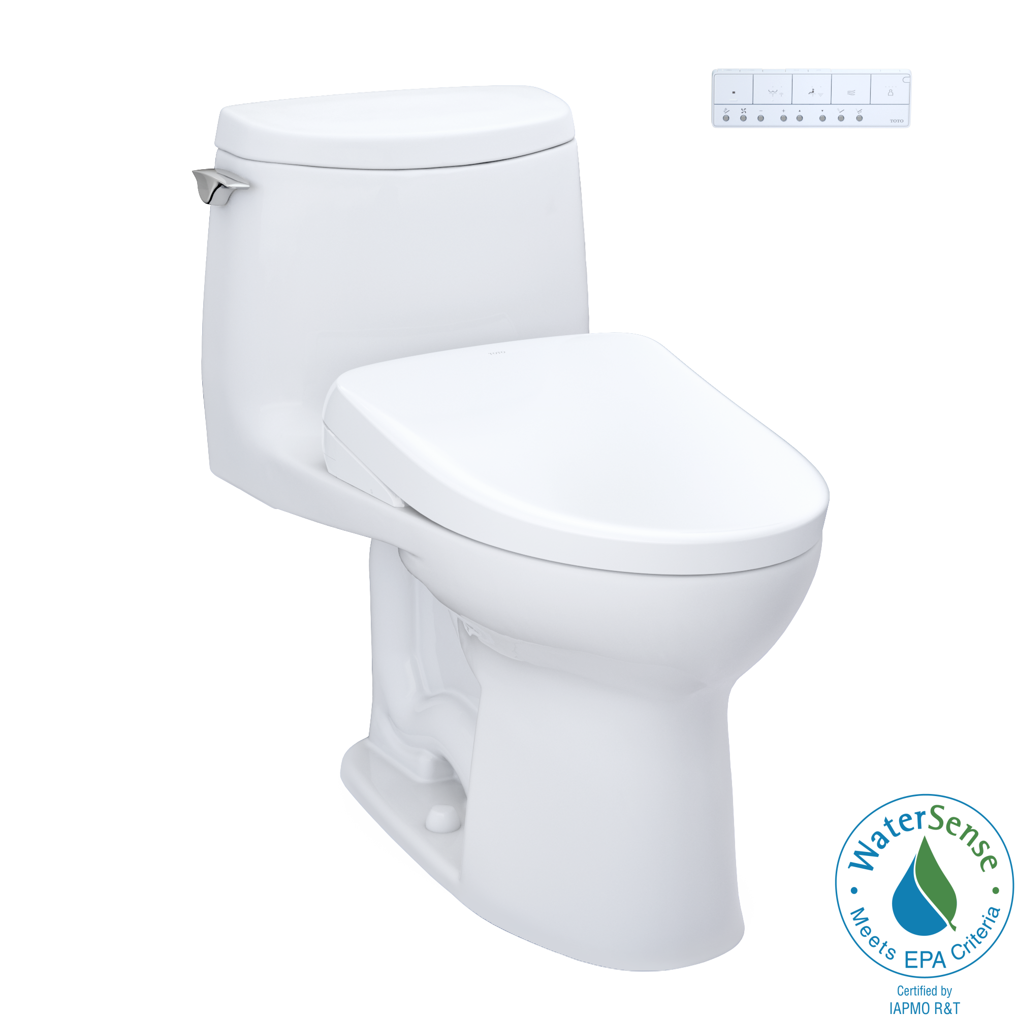 Toto UltraMax II 1G One Piece Elongated Universal Height Toilet with CEFIONTECT 1.0 GPF with Contemporary Washlet+ Auto Flush S7 Bidet Seat in Cotton White