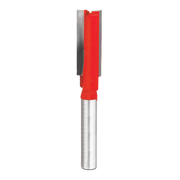 Red and silver straight router bit with double flute cutting edges and cylindrical shank.