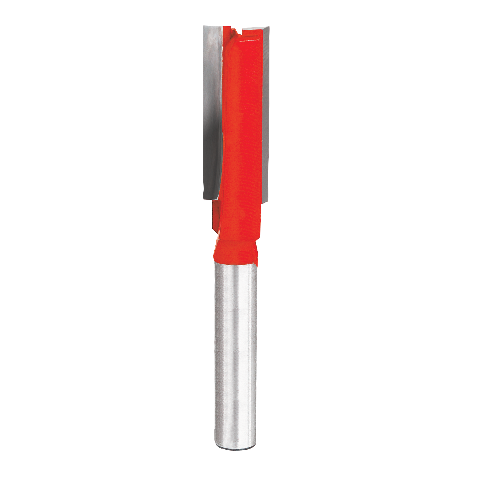 Red and silver straight router bit with double flute cutting edges and cylindrical shank.