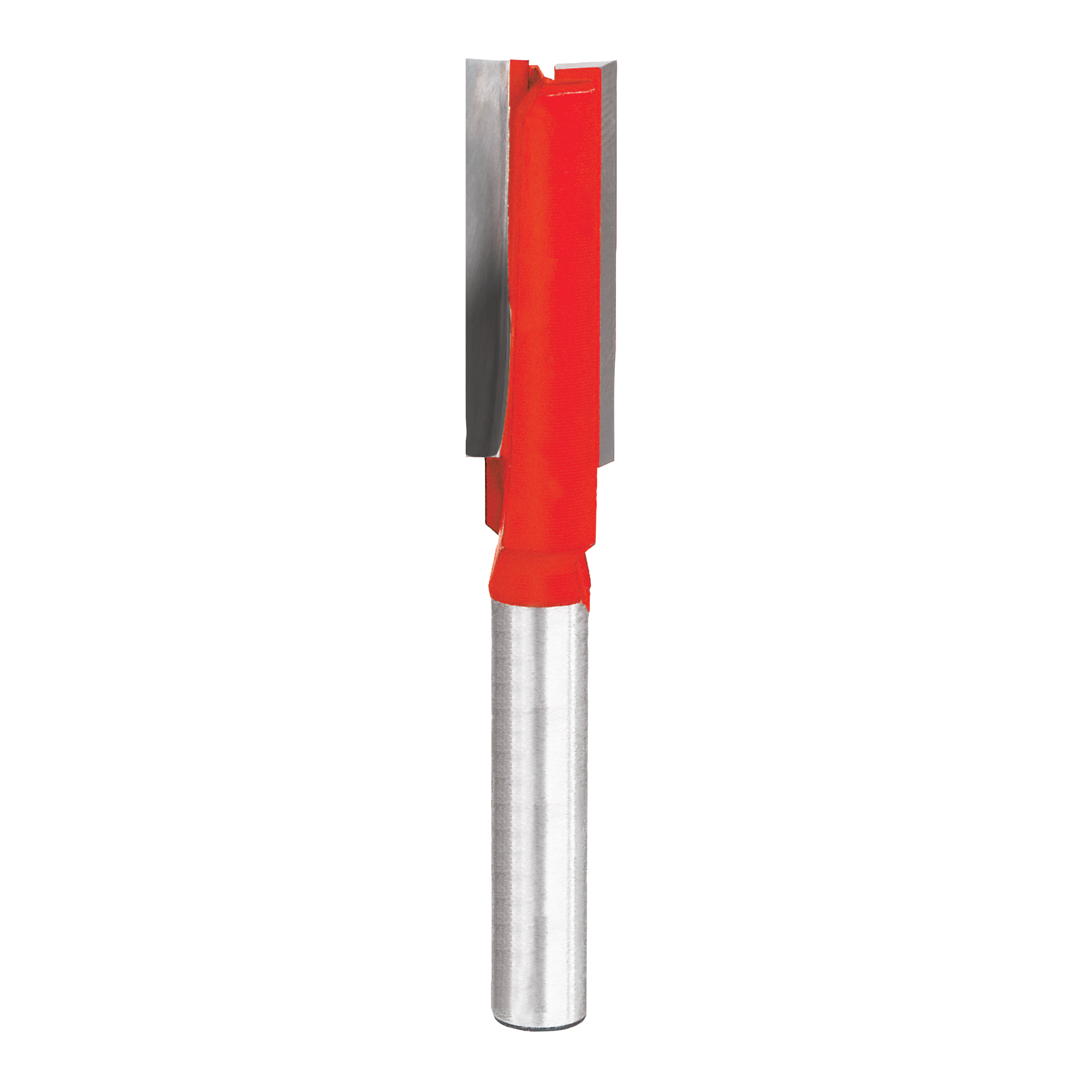Red and silver straight router bit with double flute cutting edges and cylindrical shank.